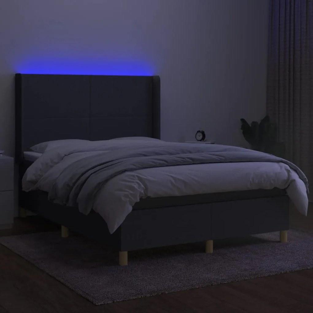 Cama box spring c/ colchão e LED 140x190 cm tecido cinza-escuro