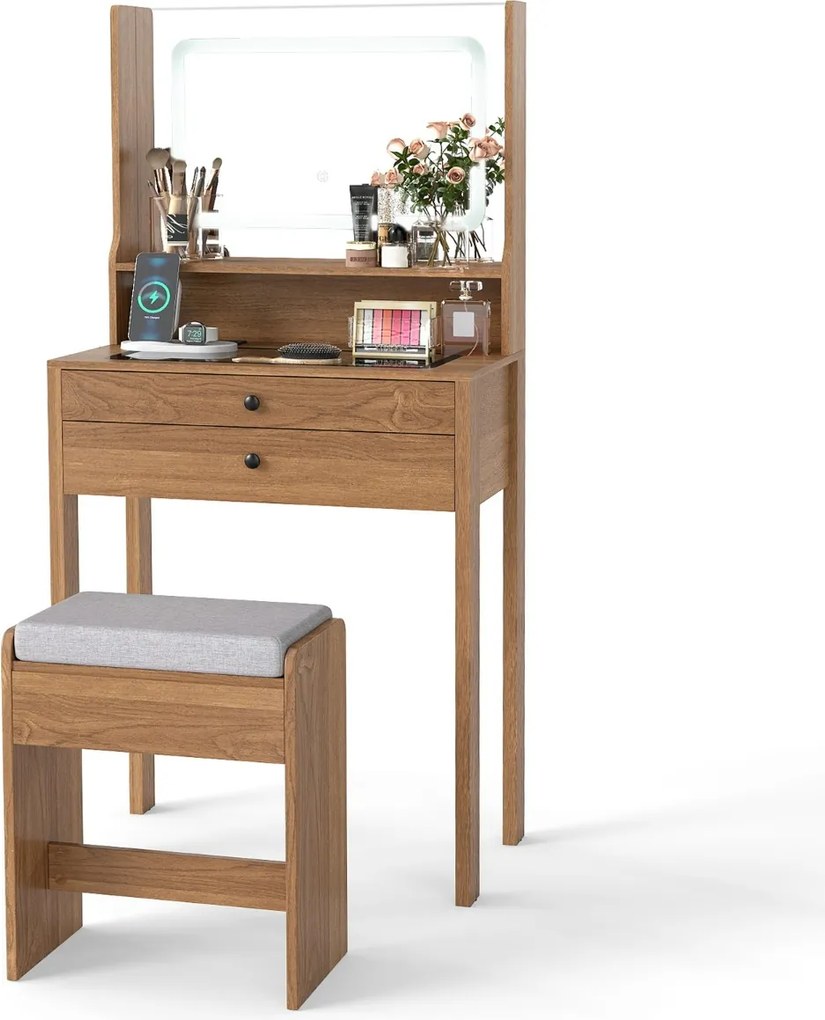 Toucador com espelho e iluminação Mesa de maquilhagem com tomadas elétricas 3 modos de iluminação e banco acolchoado natural