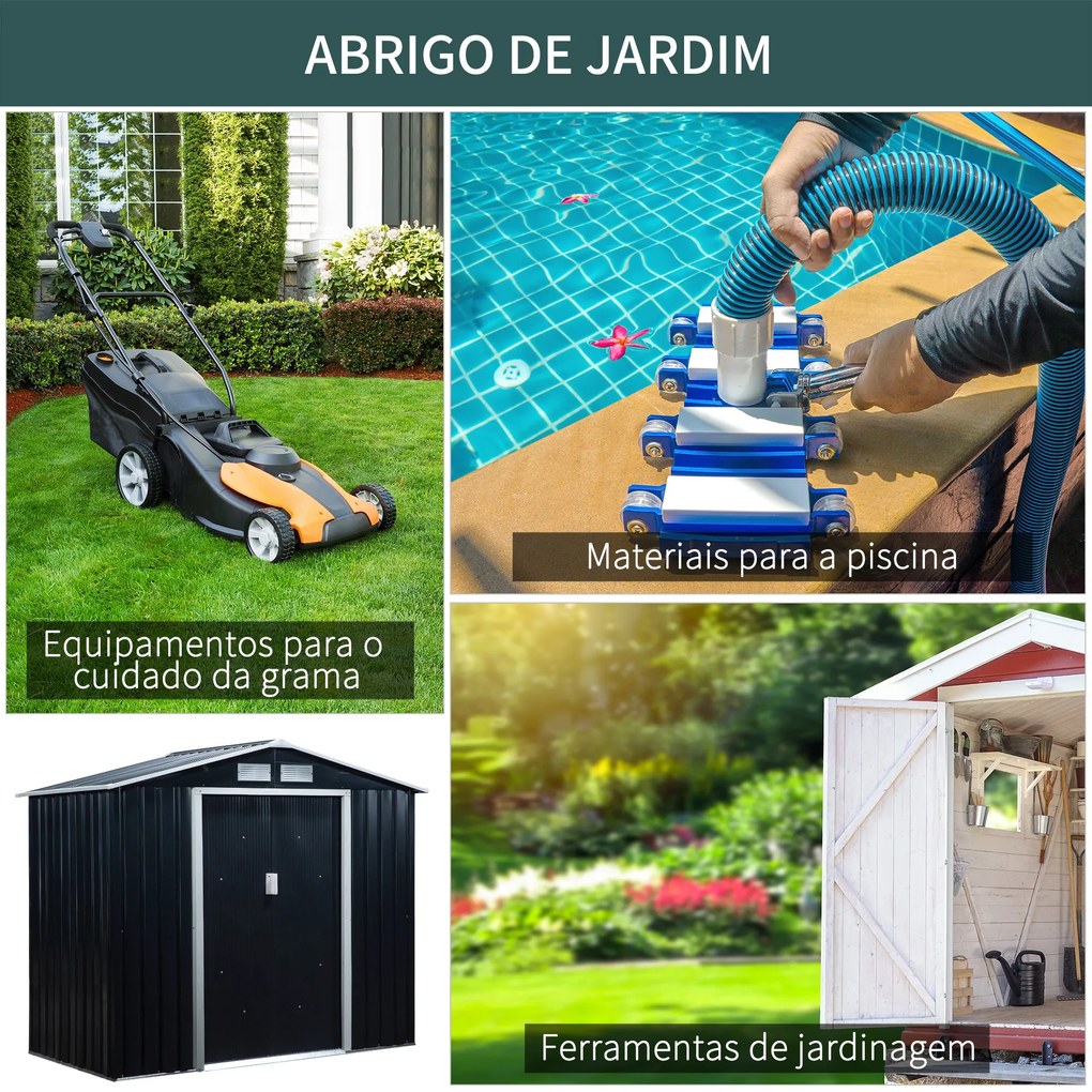 Abrigo de Jardim 213x130x185cm Abrigo de Jardim Metálico de Exterior para Armazenamento de Ferramentas com 2 Portas Deslizantes e 4 Janelas para Terra