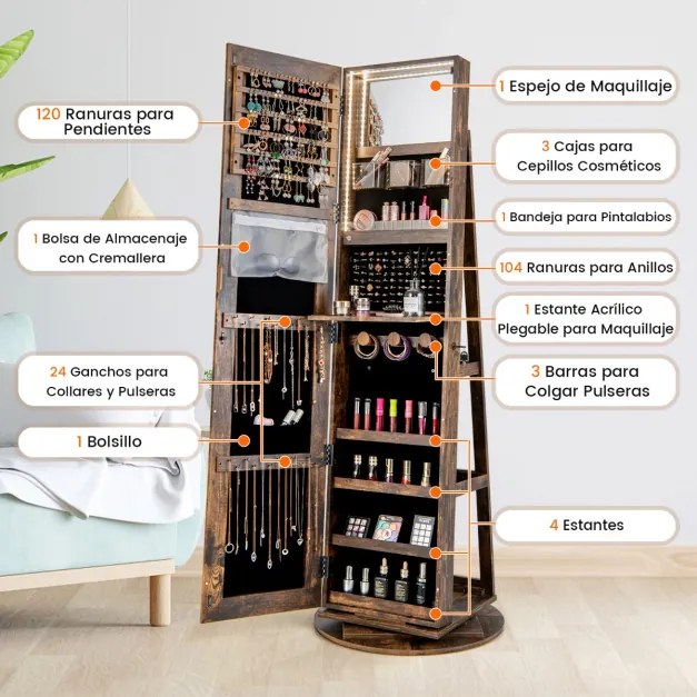 Espelho Guarda Joias rotativos 360° com luzes LED Espelho de corpo inteiro Com Estante 54,5 x 161 cm Castanho Escuro