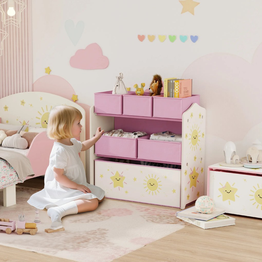 Estante Infantil para Brinquedos com 6 Caixas em Tecido Não Tecido Organizador de Brinquedos de 3 Níveis 63x30x66 cm Rosa