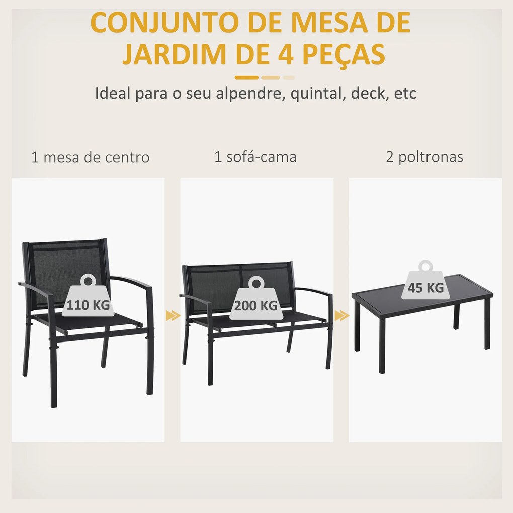 Conjunto de Móveis de Jardim Conjunto de 4 Peças com 2 Poltronas Sofá de 2 Lugares e Mesa de Centro com Tampo de Vidro Preto