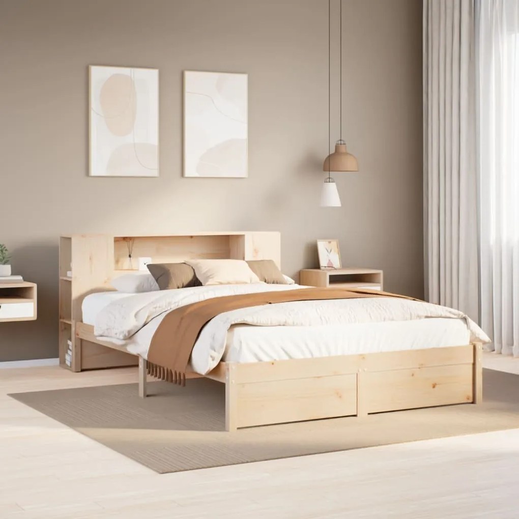 vidaXL Cama com estante sem colchão 140x190 cm pinho maciço