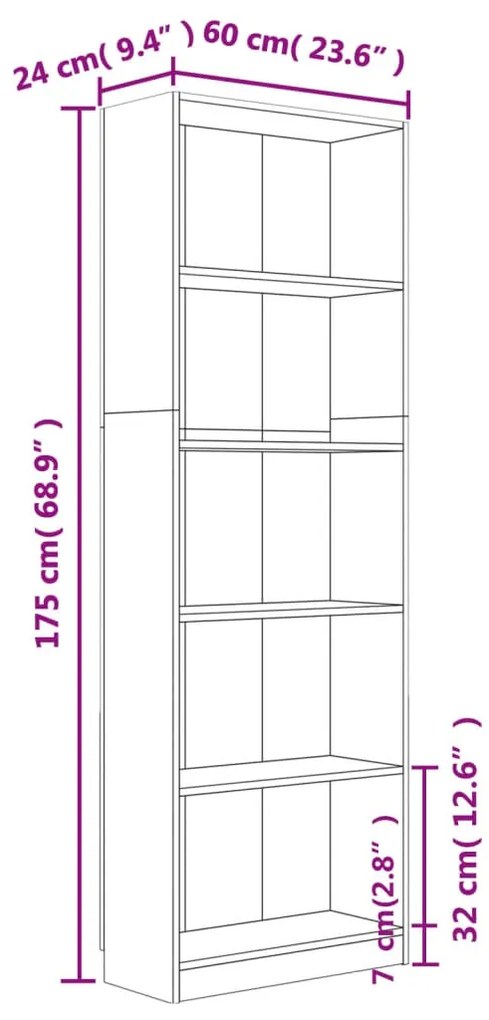 Estante 5 prat. 60x24x175cm derivados madeira carvalho castanho