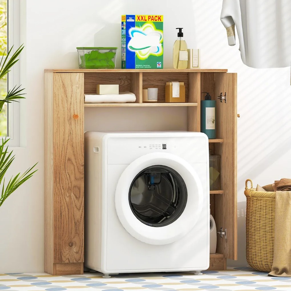 Estante para sanita Organizador de casa de banho com 2 portas e 2 compartimentos abertos 87,5 x 18 x 98 cm Natural