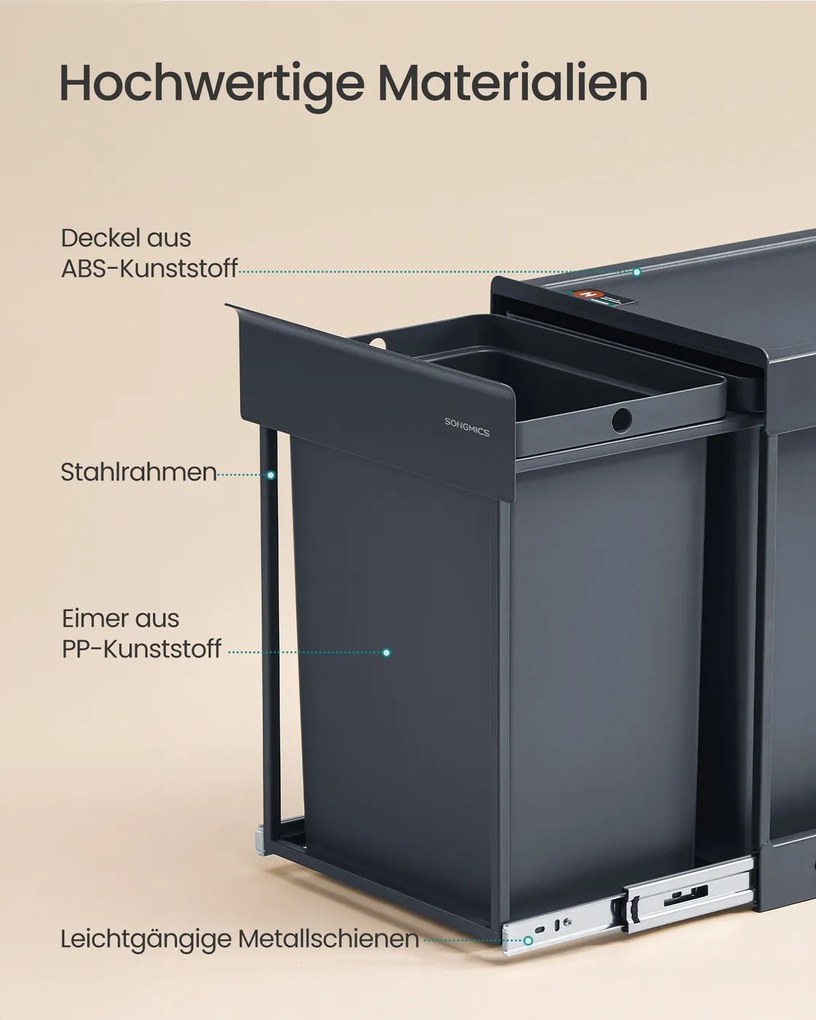Caixote do lixo encastrar 48,6 x 32,4 x 44 cm com dois compartimentos e sistema de separação de resíduos extraível cinzento