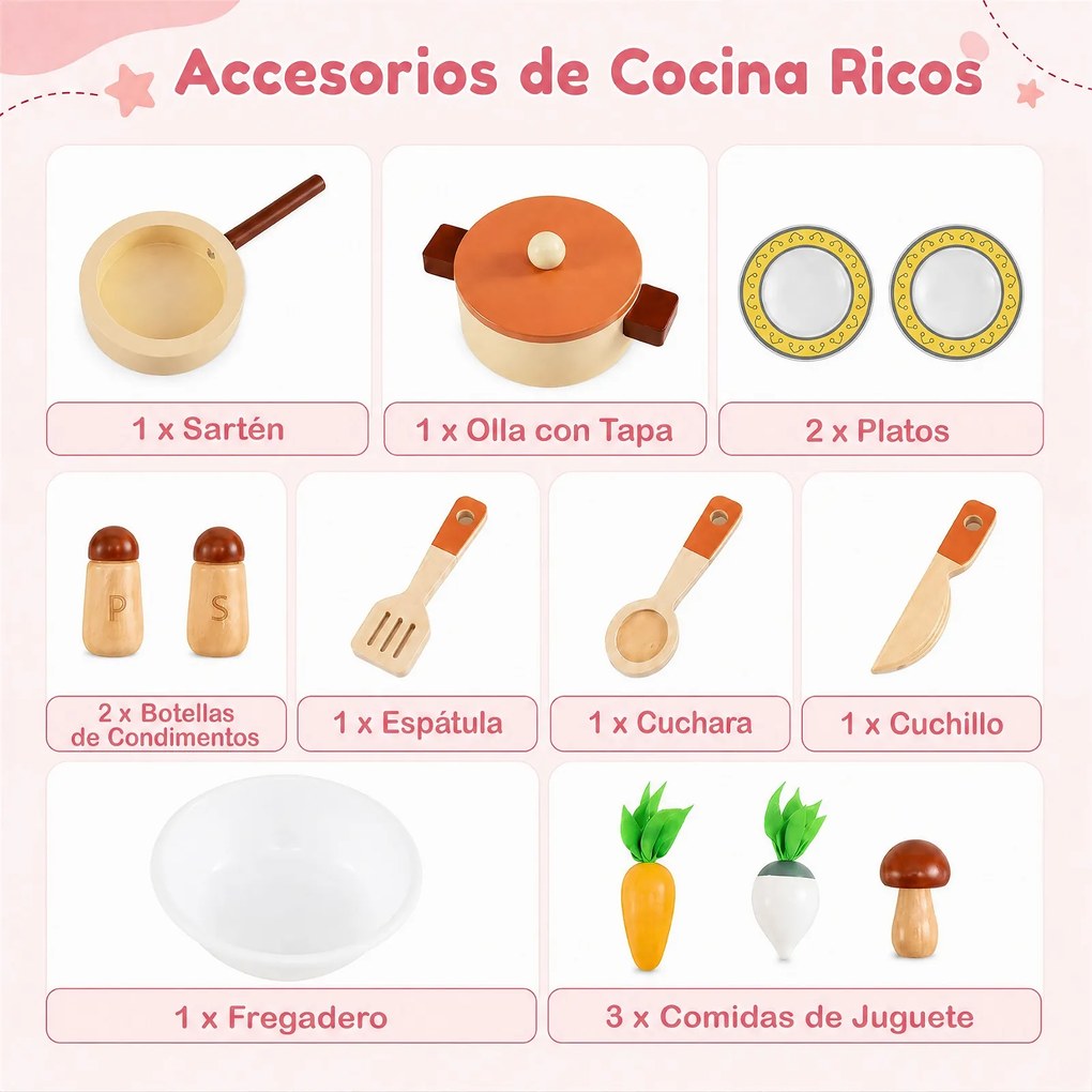 Cozinha de Brincar, 54 x 30,5 x 80,5 cm, com Acessórios Completos, Rosa