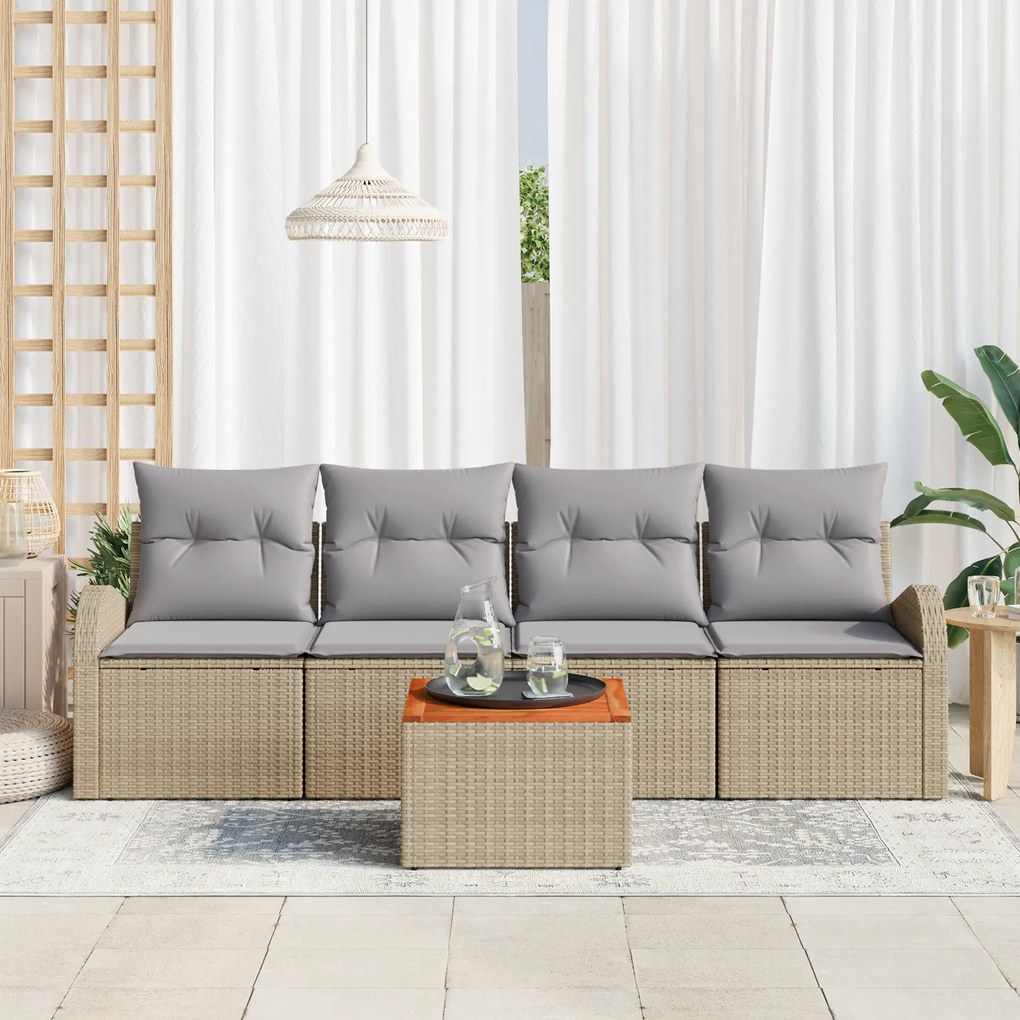 Conjunto de Sofás de Jardim de 5 Peças com Almofadas Bege Rattan Polié
