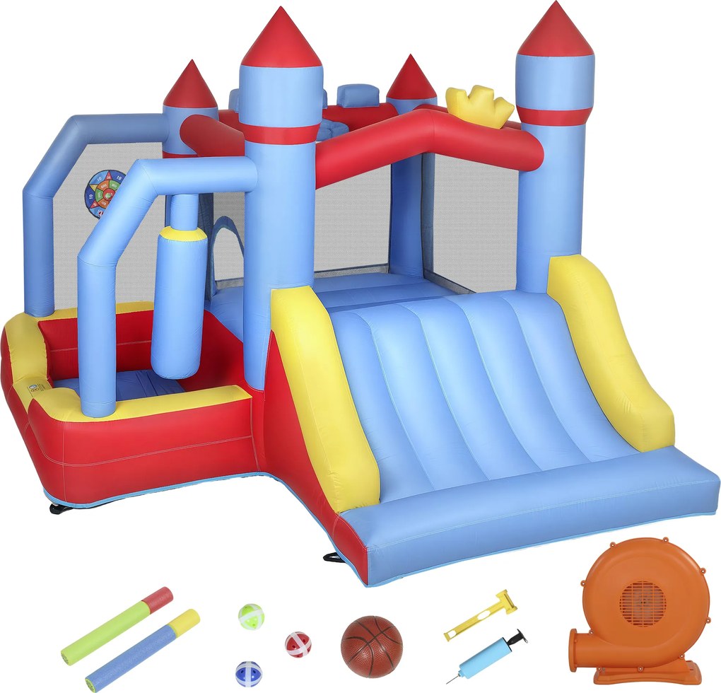 AIYAPLAY Castelo Insuflável para Crianças com Soprador Escorrega Trampolim Piscina Coluna de Boxe e Cesto de Basquetebol 277x270x215 cm | Aosom Portugal