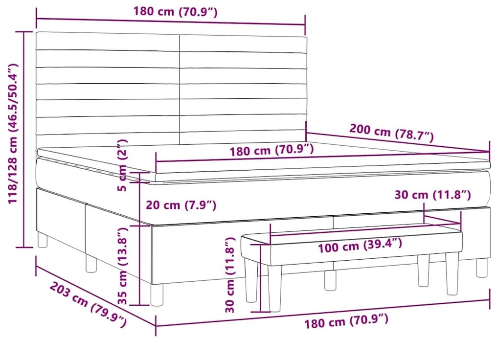 Cama box spring colchão/LED 180x200cm tecido cinza-acastanhado
