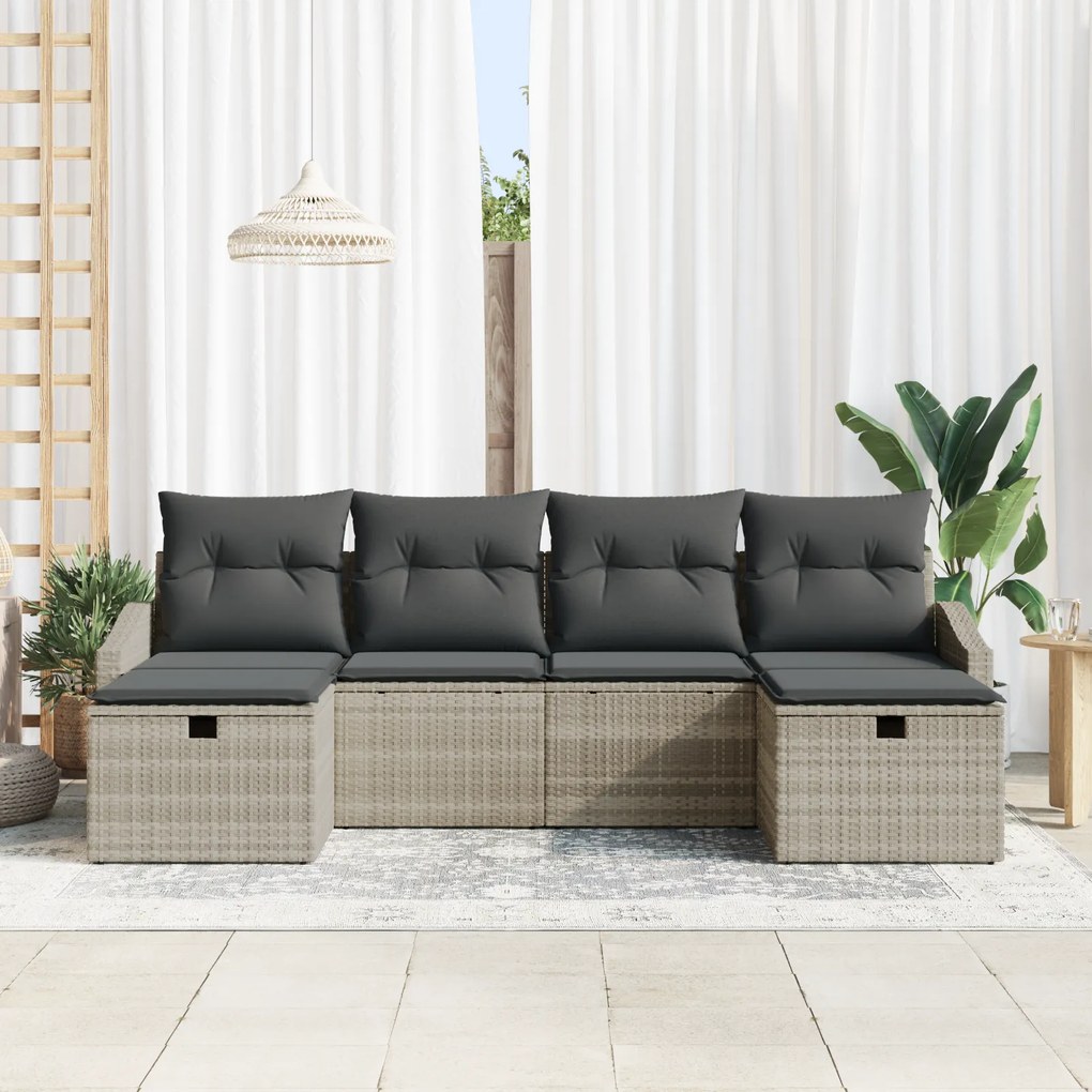 Conjunto de Sofá de Jardim de 6 Peças com Almofadas Cinza Claro em Rat