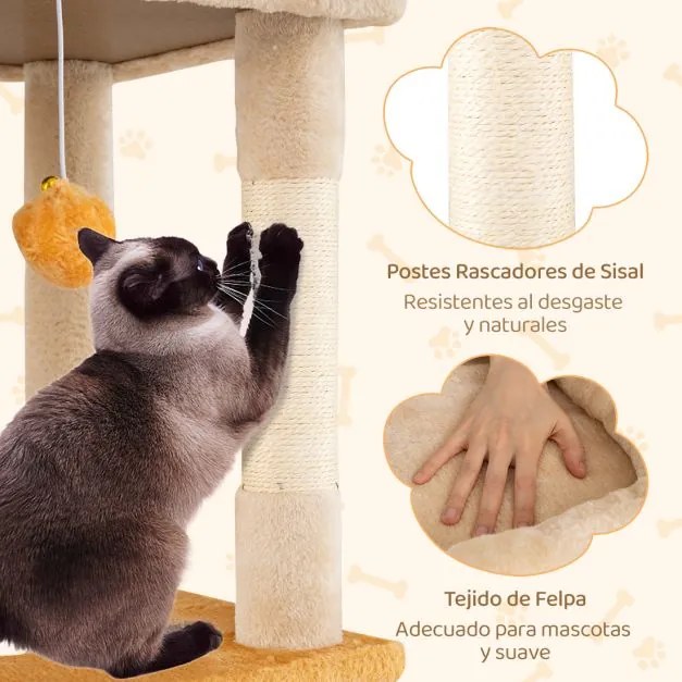 Arranhador para Gatos 85 x 42 cm x 159 cm com 2 Casas Percha de Pelúcia Removível Postes de Sisal para Arranhar Amarelo