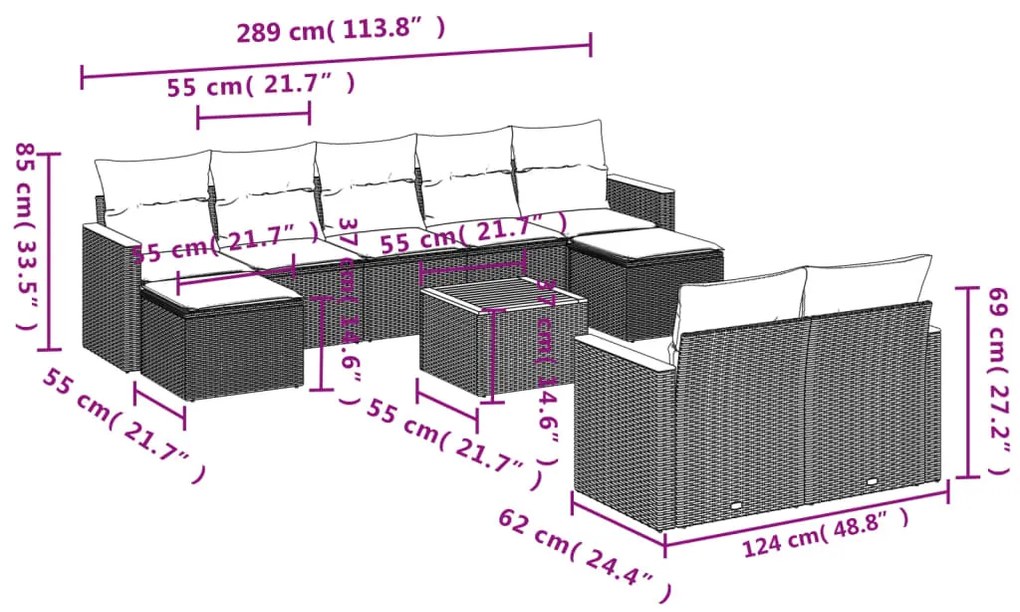 10 pcs conjunto de sofás p/ jardim com almofadões vime PE bege