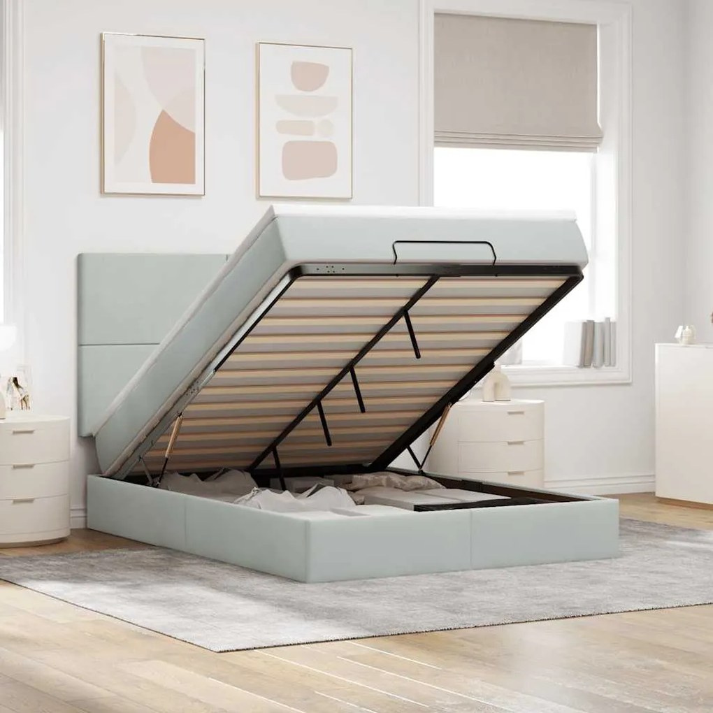 Estrutura cama otomana colchões 140x200cm veludo cinzento claro