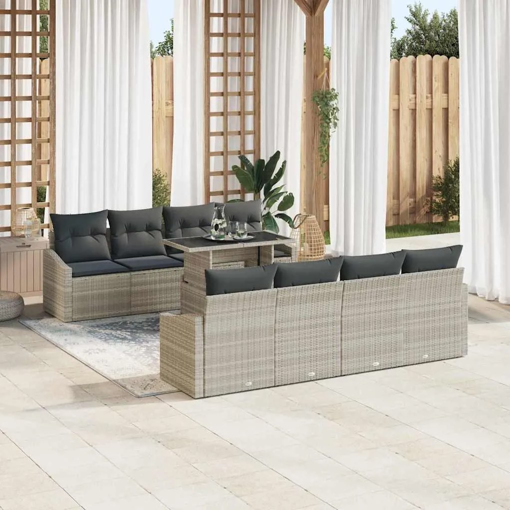 Conjunto de Sofá de Jardim com 7 Peças e Almofadas Cinza Claro em Poli