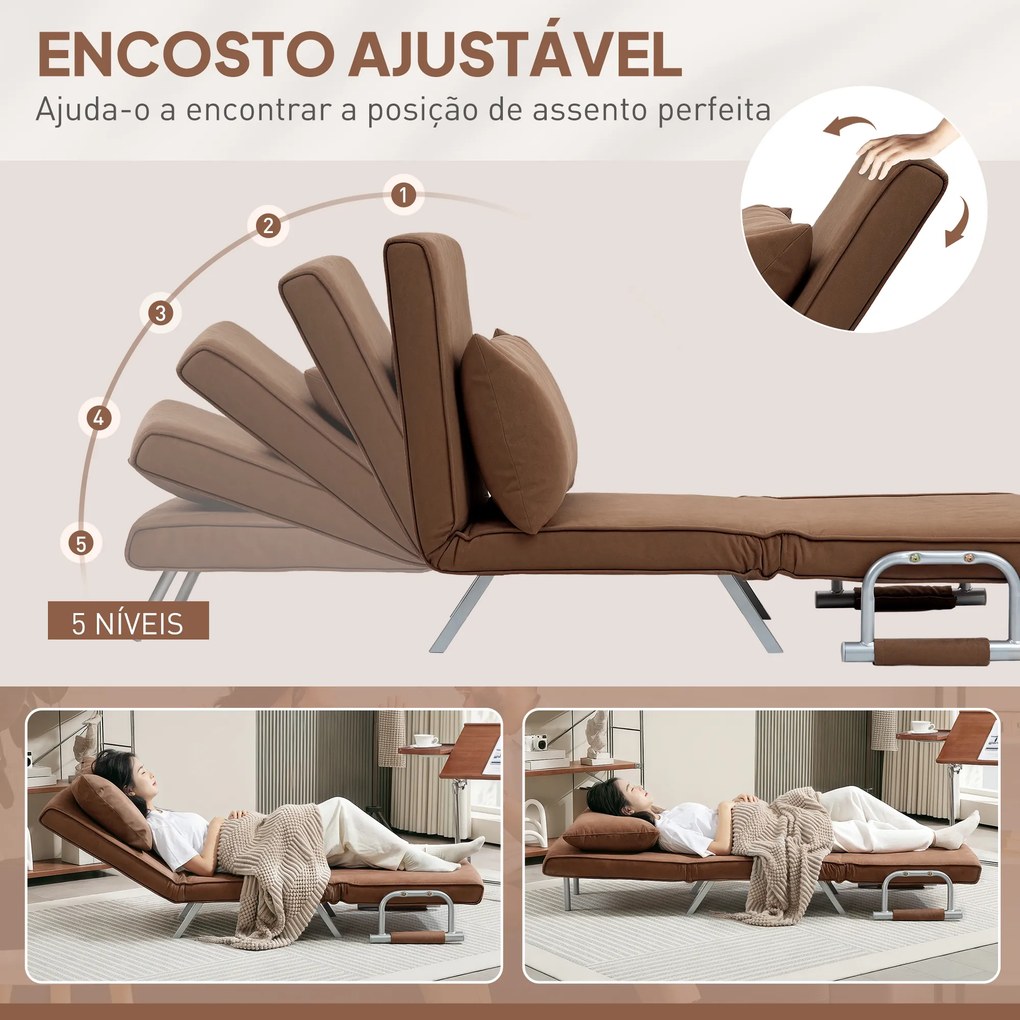 Sofá Cama Individual Sofá Cama Individual Sofá Reclinável com Almofada para Sala Quarto Carga 100 kg 65x69x80 cm Castanho