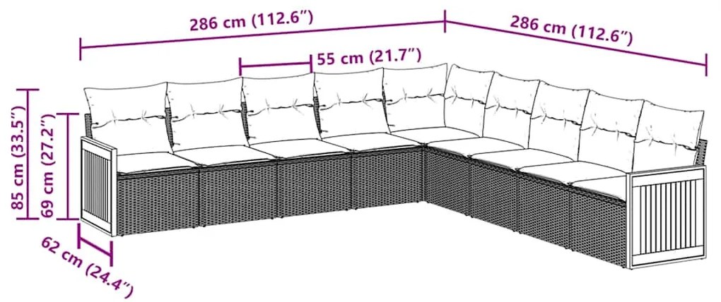 9 pcs conjunto de sofás p/ jardim c/ almofadões vime PE preto
