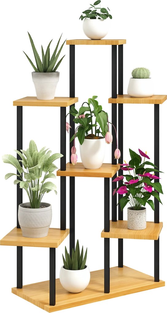 Suporte para plantas com 7 níveis para interior e exterior, prateleira para plantas em aço e madeira, madeira natural