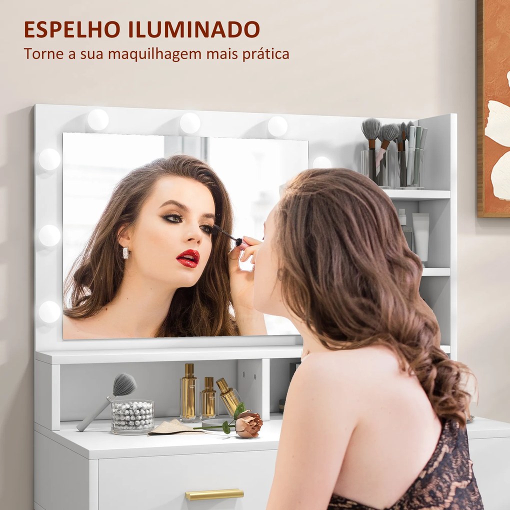 Toucador de Maquilhagem com Luz e Banco Mesa de Maquilhagem com 2 Gavetas e Prateleiras Estilo Moderno para Quarto Branco