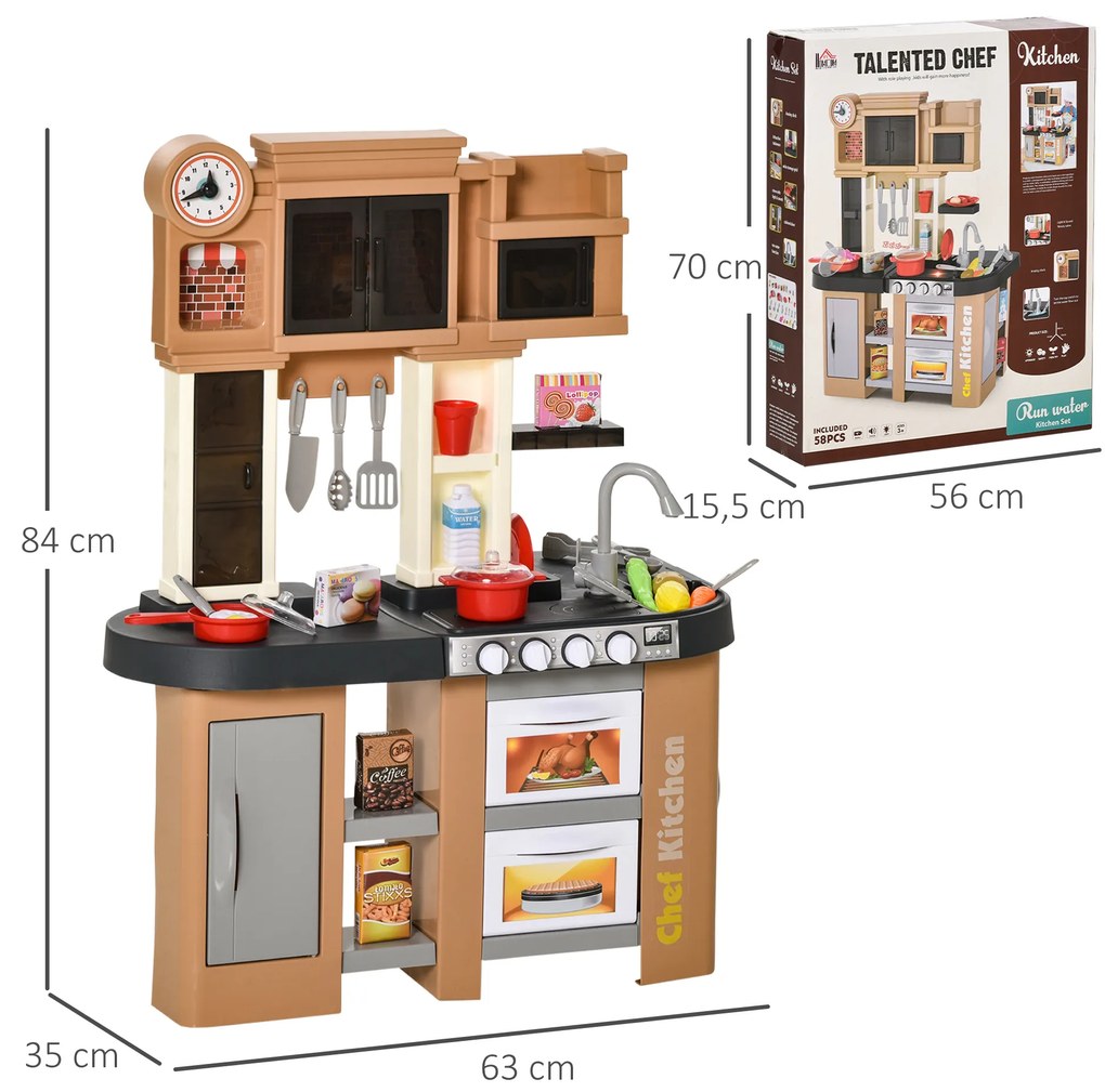 HOMCOM Cozinha Infantil com 58 Peças para Crianças acima de 3 Anos Cozinha de Brincar com Luz Sons Lavatório Torneira com Água e Forno 63x35x84cm Marrom