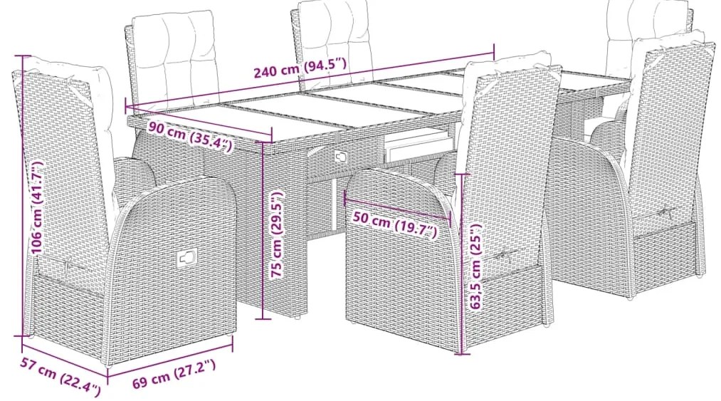 7 pcs conjunto de jantar p/ jardim c/ almofadões vime PE preto