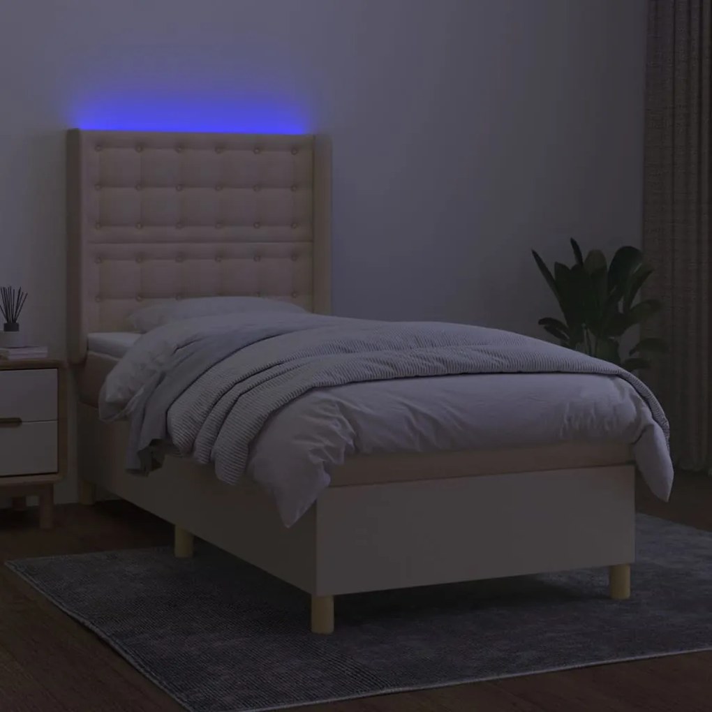 Cama box spring c/ colchão e LED 100x200 cm tecido cor creme