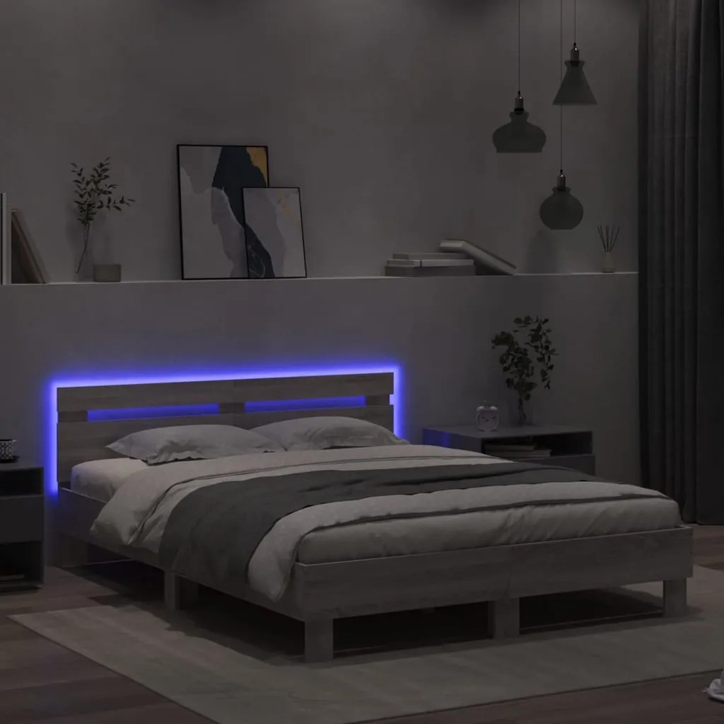 Estrutura cama c/ cabeceira/luzes LED 150x200cm cinzento sonoma