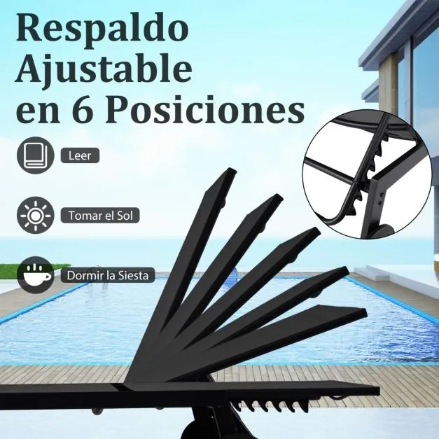 Conjunto de Espreguiçadeira jardim e Mesa de vidro temperado com Encosto ajustável com Rodas para jardim e exterior Preto
