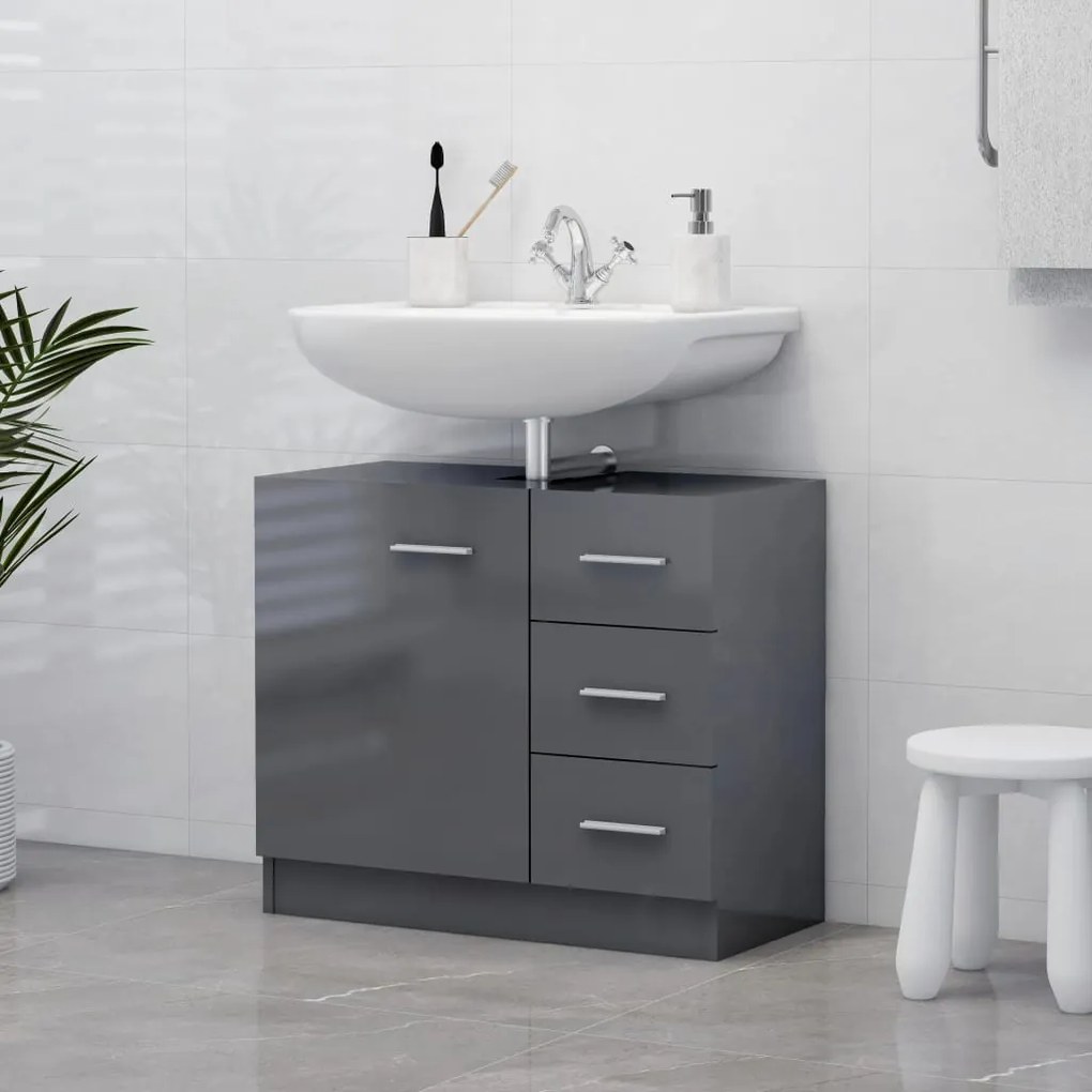 804192 vidaXL Armário lavatório 63x30x54 cm contraplacado cinzento brilhante