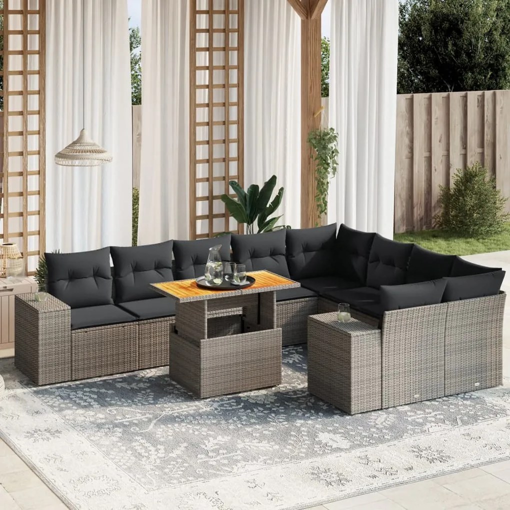 10 pcs conjunto sofás de jardim c/ almofadões vime PE cinzento