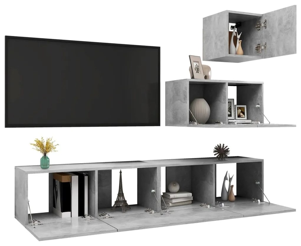 4 pcs conjunto de móveis de TV derivados madeira cinza cimento