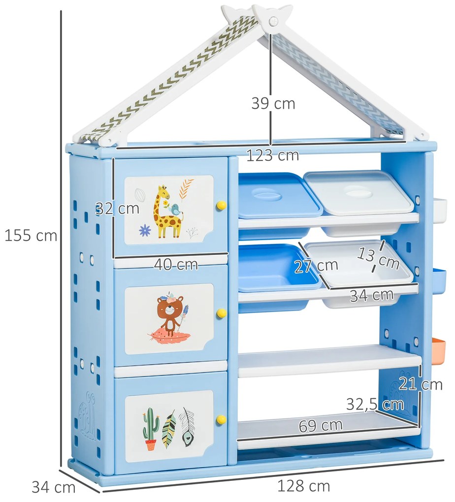 Estante Infantil de Brinquedos com Armário Prateleiras 4 Caixas e 3 Cestas Organizadoras de Armazenamento para Habitação de Crianças Sala de Jogos 128
