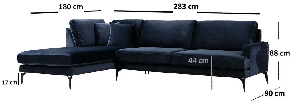 Sofá de Canto Papira - Azul Marinho - 283 x 180 x 90 x 88 cm