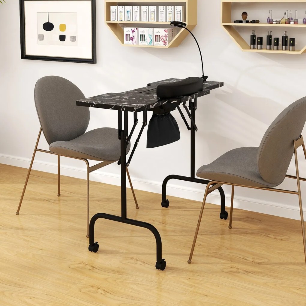 Mesa de manicure dobrável com aspirador de pó elétrico Luz LED 4 rodas com travão 90 x 40 x 77 cm Preta