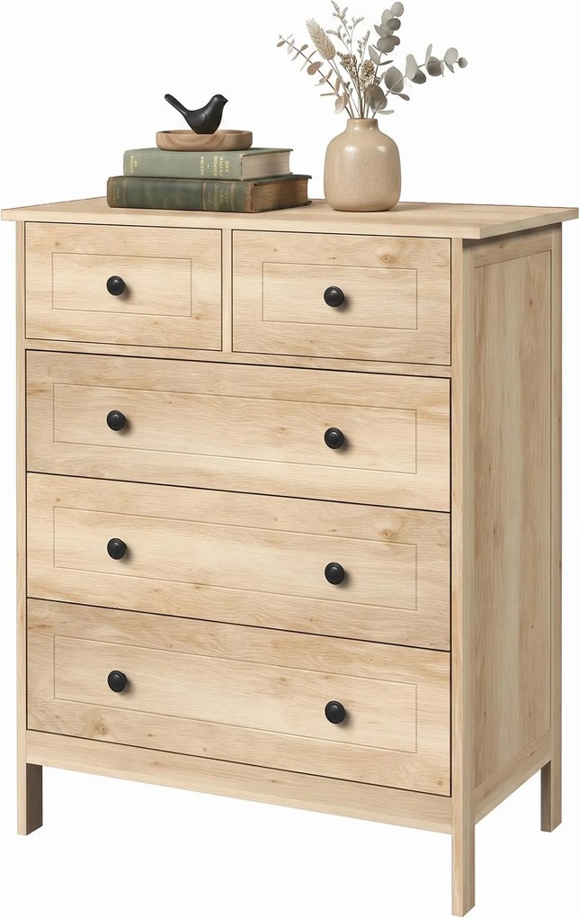 Cómoda de Quarto com 5 Gavetas, 74 x 40 x 91 cm, Design Contemporâneo, Cor Carvalho