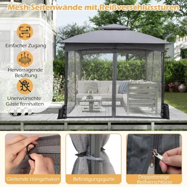 Pérgula jardim de 3 x 3 m com rede mosquiteira, com 4 sacos de areia e teto duplo, impermeável, estável, cinza.