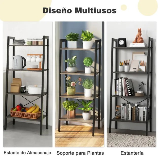 Estante de 4 níveis em escada para escritório Estante industrial com estrutura metálica para plantas 56 x 34 x 138 cm Castanho Escuro