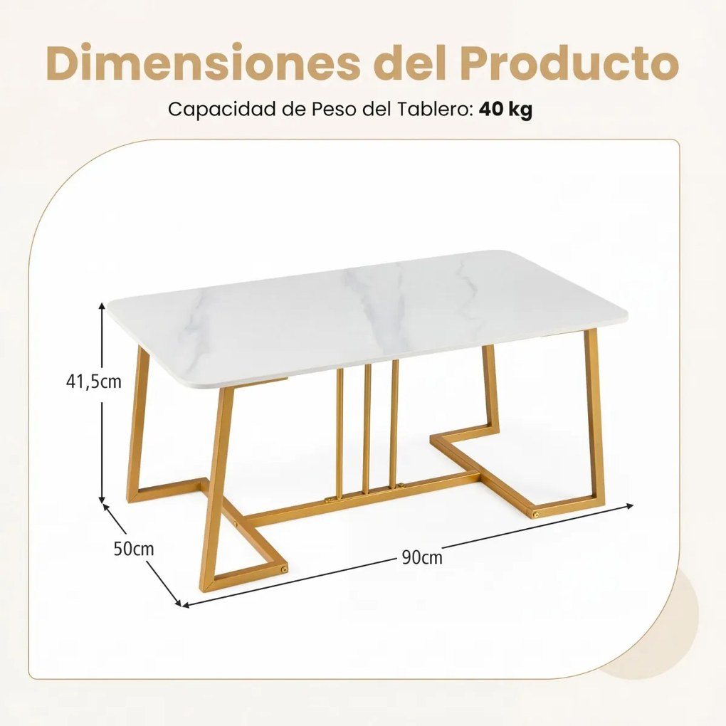 Mesa centro com tampo em pedra Sierra Nevada estilo mármore e estrutura dourada, 90 x 50 x 41,5 cm Branco + Dourado