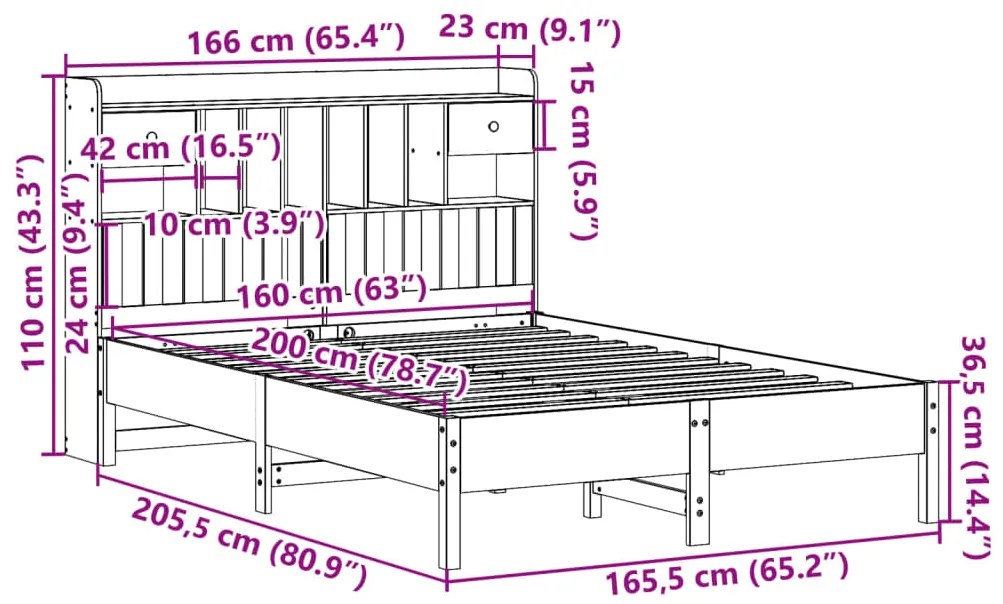 Cama com estante sem colchão 160x200 cm pinho maciço