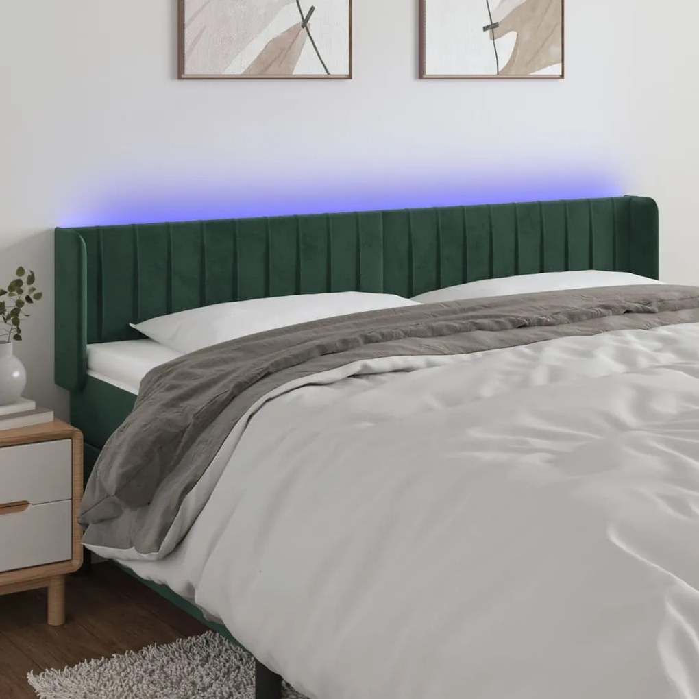 Cabeceira cama c/ luzes LED veludo 183x16x78/88 cm verde-escuro