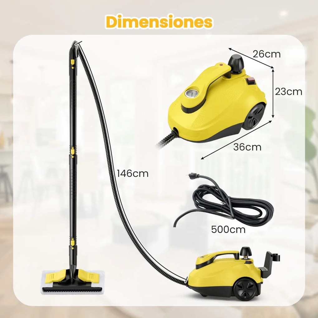 Máquina de limpeza a vapor portátil 2000W com tanque 1,8L de alta pressão 5 bar Máquina de limpeza de carpetes para uso doméstico Amarelo