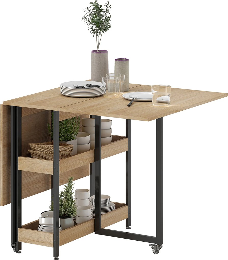 Mesa de jantar dobrável com rodas para 4 pessoas 133,4 x 80  x 75 cm (Desdobrada), com compartimentos abertos, ideal para espaços reduzidos cor carval