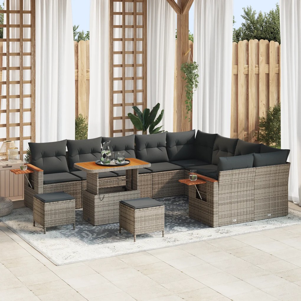 Conjunto de Sofá de Jardim de 12 Peças com Almofadas Rattan Cinzento Poliéster Acácia