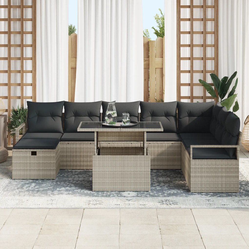Conjunto de Sofá de Jardim vidaXL de 9 Peças com Almofadas Cinza Claro