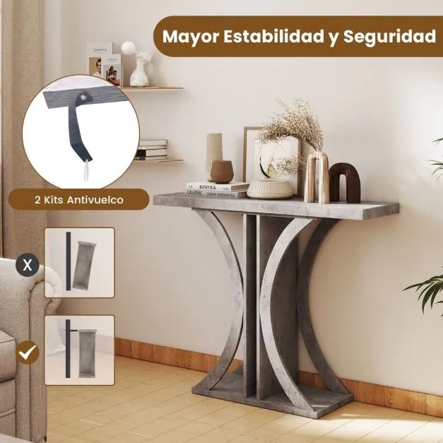 Mesa Consola 100 x 29,5 x 80 cm com Estrutura Geométrica para Entrada, Hall, Sala, Corredor Cinzenta