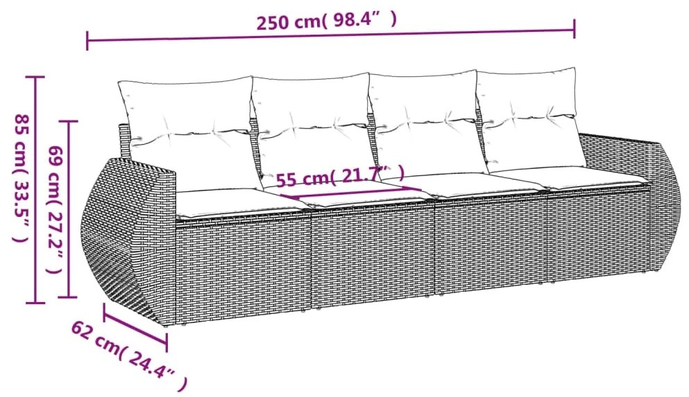 4 pcs conjunto sofás de jardim c/ almofadões vime PE cinzento