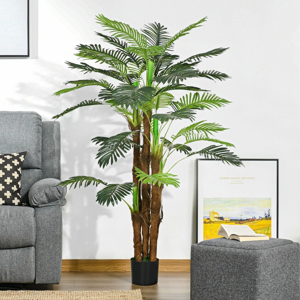 Palmeira artificial, 1,6 m de altura. Árvore artificial com tronco, ramos, líquen e folhas. Muito realista. Vaso incluído Verde