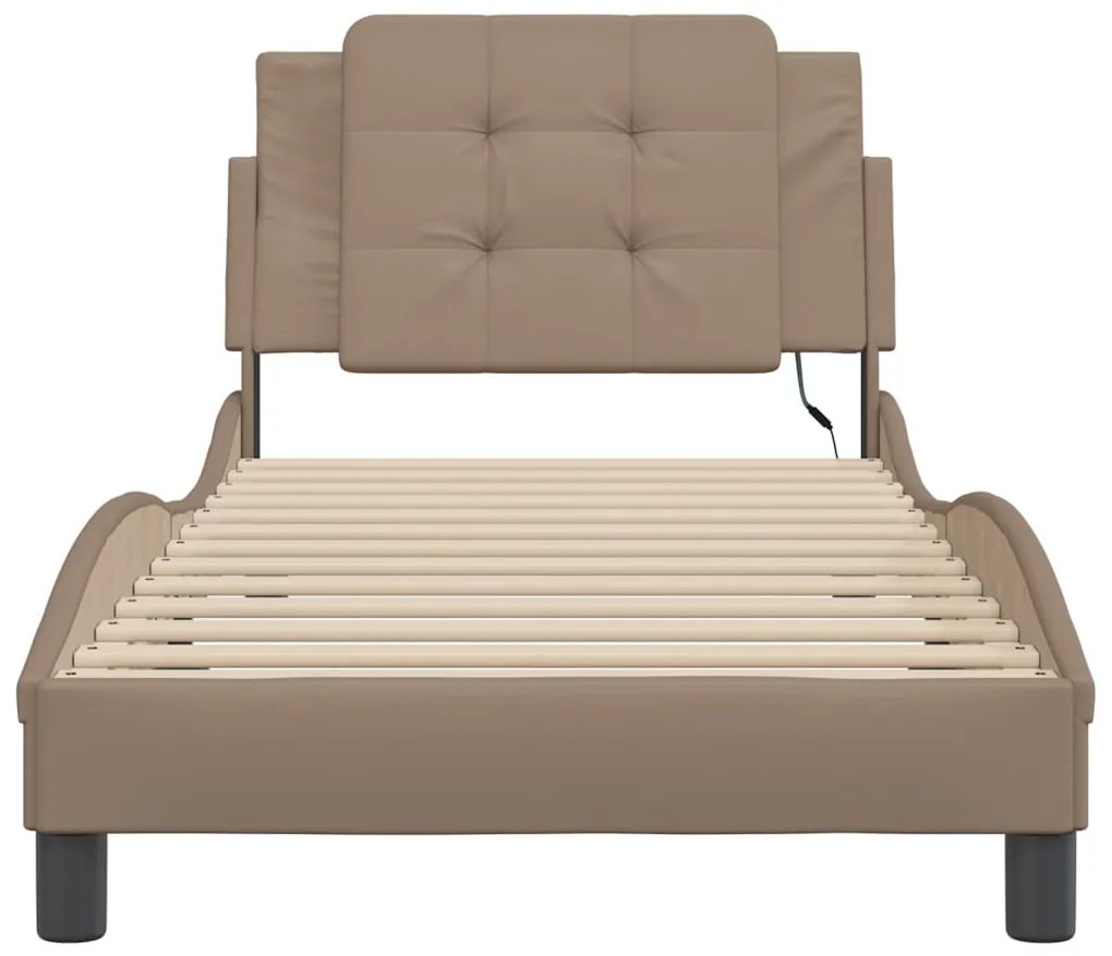 Estrutura de cama c/ luzes LED 80x200cm couro artif. cappuccino