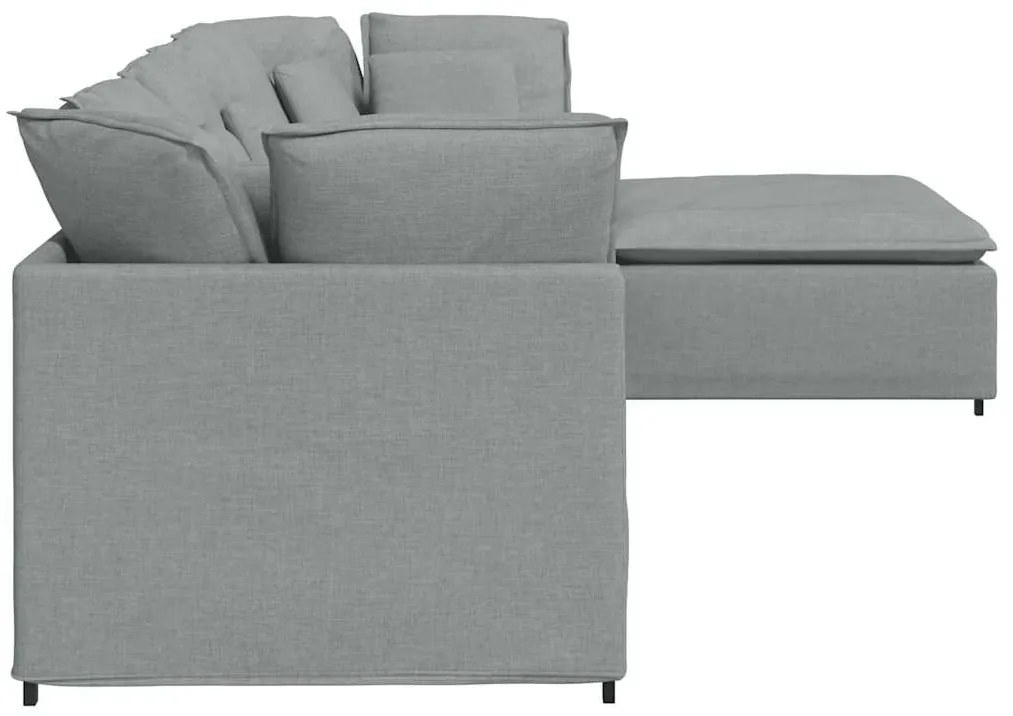 Sofá modular com pufes e almofadas tecido cinzento-claro