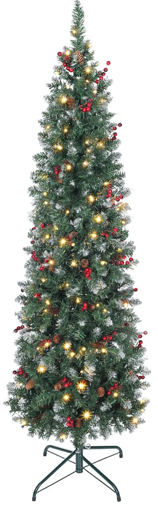 HOMCOM Árvore de Natal Slim 180 cm Árvore de Natal Artificial com Luzes LED Branco Quente 8 Modos de Iluminação 461 Ramos com Purpurina Prateada Pinhas Bagas e Suporte Metálico Verde